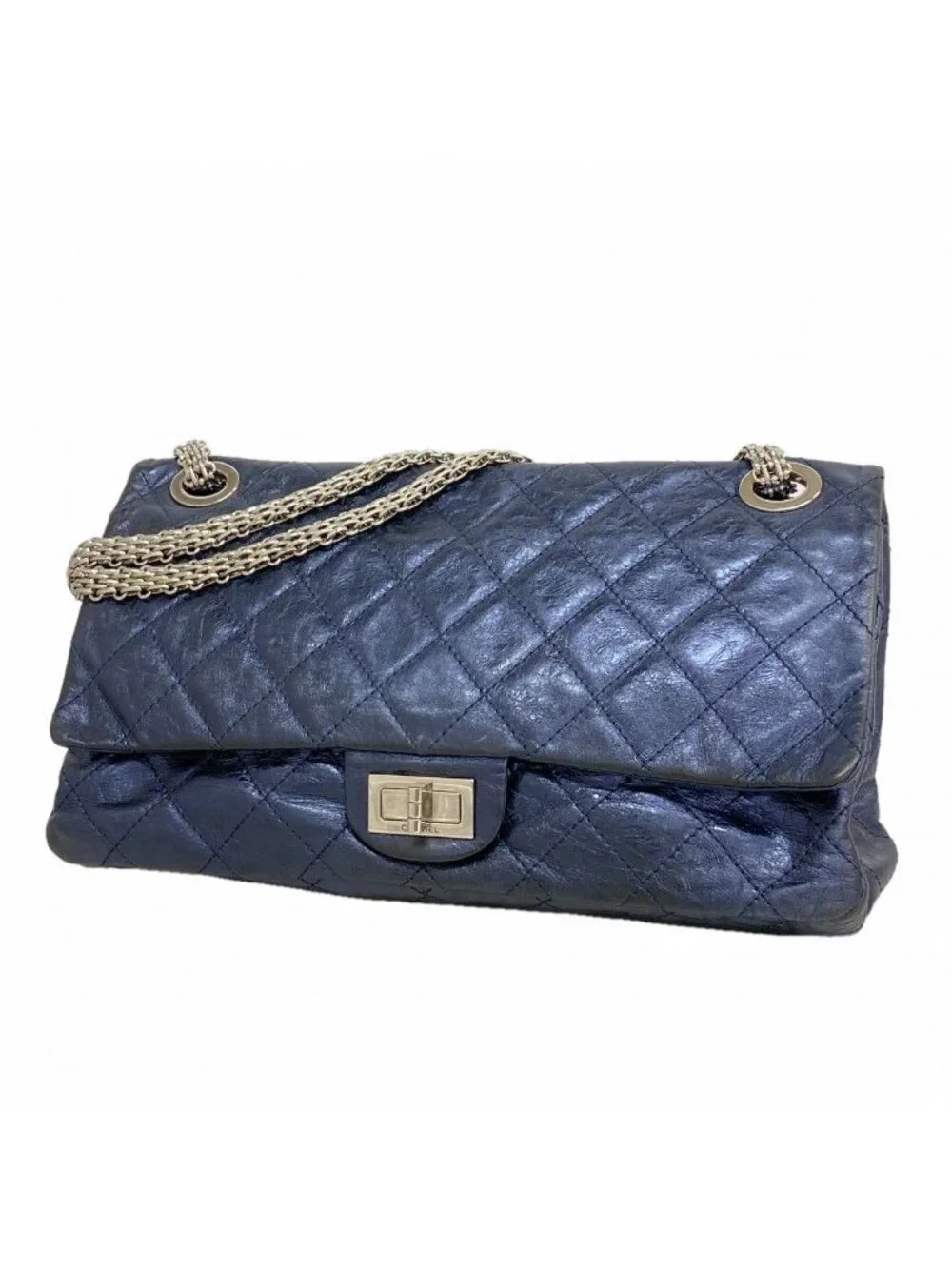Chanel Shoulder Bag 2.55 Quilted Calf Metallic Navy Silver